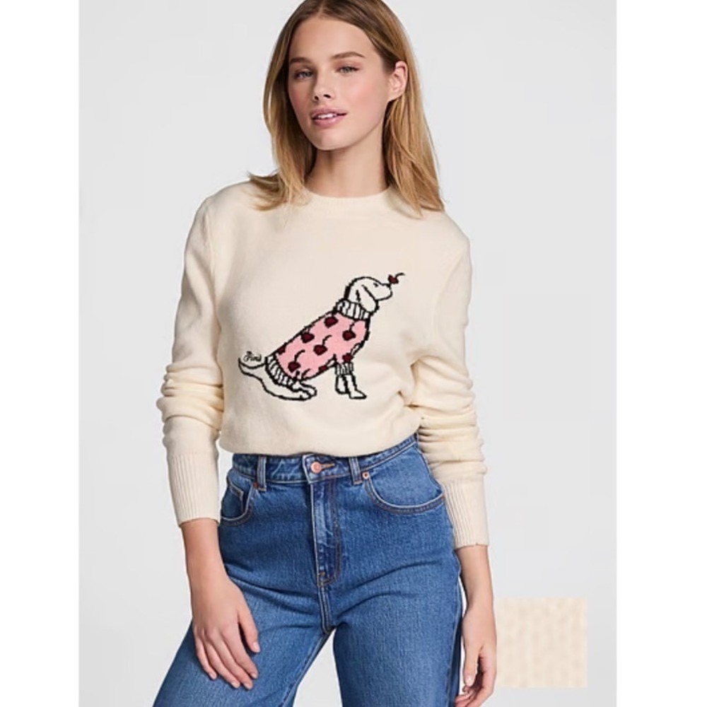 Victoria's Secret PINK Dog Graphic Crewneck Sweater Cream Ivory Heart Small NEW - Picture 3 of 7